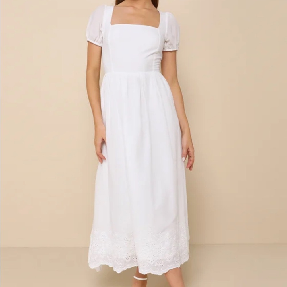 Lulus White Puff Sleeve Square Neck Midi Sundress